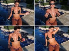 Adivinhe o DJ Bikini Babe postado à beira da piscina!