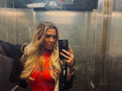 Christine McGuinness mostra sua figura incrível em um macacão de PVC vermelho atrevido e uma minissaia de couro enquanto posa para fotos escaldantes